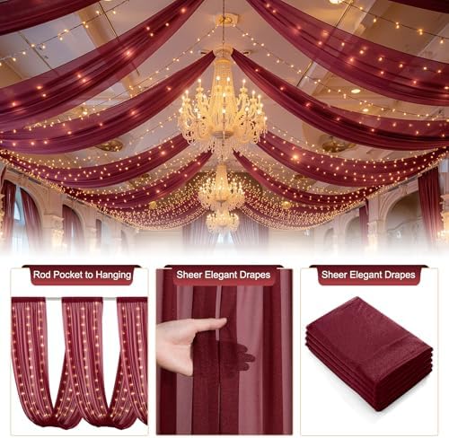 Burgundy Ceiling Drapes with Lights for Weddings, 6 Panels 5ftx20ft Sheer Tulle Curtain Drapes for Wedding Ceremony Birthday Party Arch Decoration - Image 3
