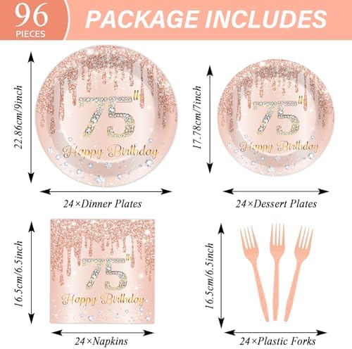 96 Pcs Rose Gold 75th Birthday Party Plates and Napkins for Girls Rose Gold Party Supplies Pink Happy 75 Years Birthday Party Tableware Set for 24 Guests Party Decorations - Image 2