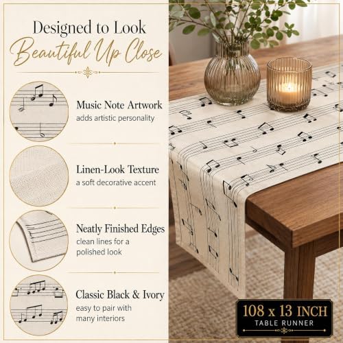 Vintage Music Sheets Dining Table Runner, Retro Musical Notes Staff - Image 2