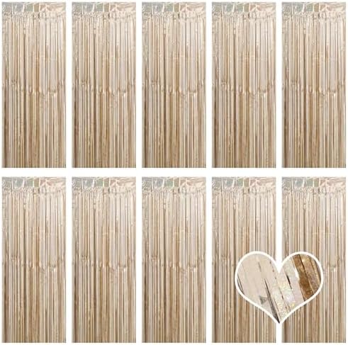 10 Pack Champagne Gold Backdrop Curtain 3.2ft x 8.2ft Metallic Tinsel Foil Fringe Curtains Photo Booth Background for Birthday Party Decoration Engagement Wedding Christmas Decor (Champagne Gold) by Ohiyoo