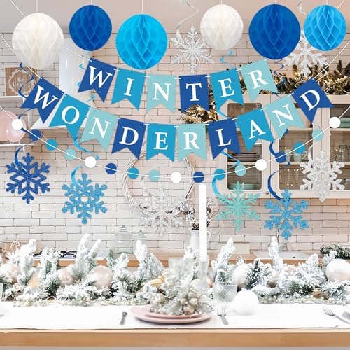 Winter Wonderland Party Decoration Winter Wonderland Banner with Pre-Strung Snowflake Hanging Swirls Blue White Honeycomb Balls Circle Dots Garland for Christmas Holiday Birthday Party Decoration - Image 7