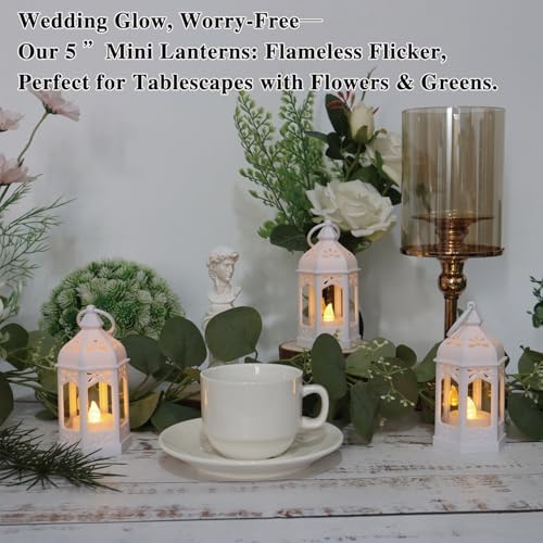 LLQ 8 Pcs Mini Lantern Decor Moroccan Lantern with Flickering LED Candle Table Centerpiece Small Vintage Wedding Hanging Lamp Ornaments Bulk for Wedding Halloween Christmas Party (5 Inch,White) - Image 5