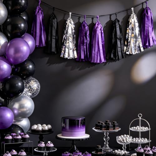 We Moment Black,Purple and Silver Tassel Garland，Tissue Tassel Banner for Purple Black and Silver Birthday Party Decorations,Pack of 15 - Image 3