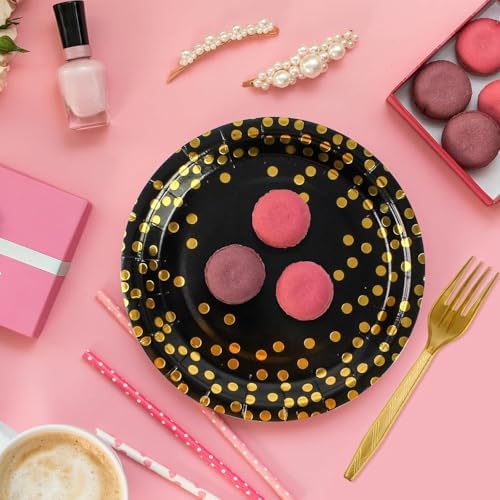 75PCS Black and Gold Paper Plates and Napkins Party Supplies, Disposable Black Gold Dessert Plates Black Napkins Tableware Dinnerware Set for Birthday Retirement Weddings Baby Shower Party Decor - Image 5