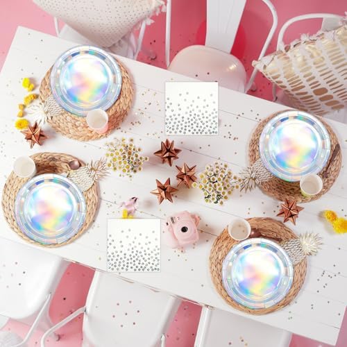 72Pcs Iridescent Silver Plates and Napkins Party Supplies, Holographic Disposable Paper Plates Napkins with Forks Tableware Set for Mermaid Birthday Wedding Iridescent Party Decorations - Image 5