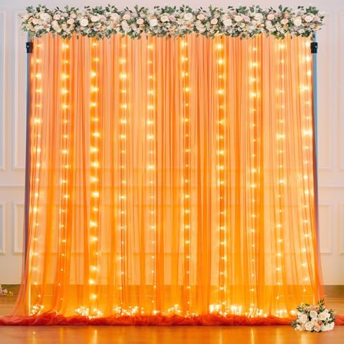 Orange Tulle Backdrop Curtain with Lights String for Parites 10x8ft Sheer Backdrop Curtains Drapes for Birthday Party Baby Shower Wedding Ceremony Prom Halloween Photo Booth Background Decorations by Suppromo