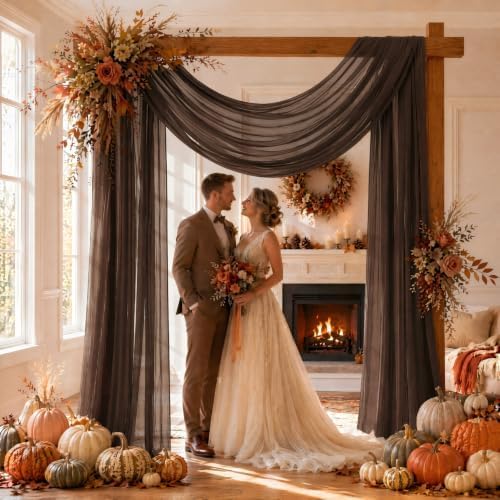 Brown Wedding Arch Draping Fabric Sheer Curtain Drapes 2 Panels | 20ft Extra Long Shimmery Tan Backdrop Curtains Bulk for Wedding Anniversary Party Fall Outdoor Events Drapery Backgrounds - Image 4