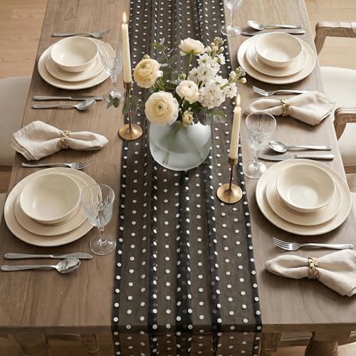 Artoid Mode Black Gauze Flocking White Dots Table Runner 10FT, Halloween Sheer Dining Table Decor for Wedding Anniversary Holiday Birthday Home Party - Image 6