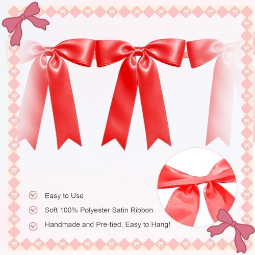 2 Strings of 16PCS Red Bow Garlands Banner Decoration,Pre-Strung Satin Ribbon Ornaments for Birthday,Bachelorette Party, Bridal Shower,Wedding,Engagement, Baby Shower,Graduation Decor,Valentine's Day - Image 3