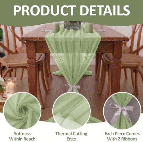 Pack of 5 Chiffon Table Runners 29 x 120 Inch, 14FT Long - Sage Green - Image 5