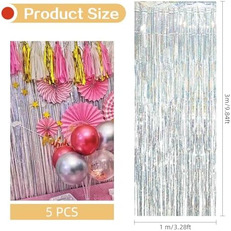 5 Pack Silver Foil Curtain Backdrop 3.2ft x 9.8ft Metallic Tinsel Foil Fringe Curtains Streamer Photo Booth Backdrop for Birthday Party Engagement Bachelorette Party Decorations - Sparkle Silver - Image 3
