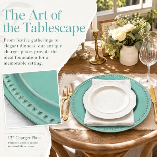 Antique Green Charger Plates,13 Inch Vintage Dinner Plate Chargers Round Server Ware.Set of 6 Plastic Beaded Chargers for Dinner Plates, Party, Wedding(Turquoise) - Image 6