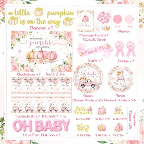 249pcs Little Pumpkin Baby Shower Decorations for Girl,A Sweet Little Pumpkin is On the Way Baby Shower,Pink Pumpkin Floral Balloons Plates Boxes Tablecloth for Fall Thanksgiving Autumn Party Decor - Image 4
