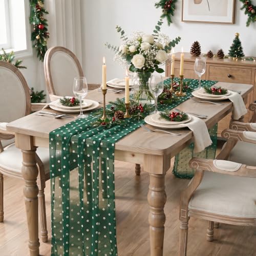 Artoid Mode Green Gauze White Flocking Dots Table Runner 10FT, Christmas Sheer Dining Table Decor for Wedding Anniversary Holiday Birthday Home Party - Image 3