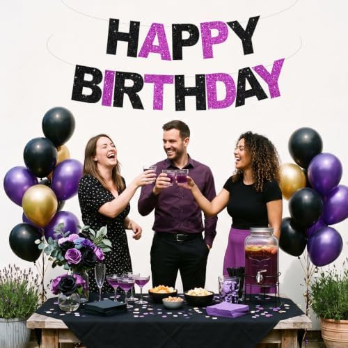 BEISHIDA Pre-Strung Black Purple Happy Birthday Banner Party Sign Decor - Image 4