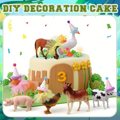 Weysat 27 Pcs Farm Animal Cake Toppers with Birthday Hat Tutu Skirt - Image 4
