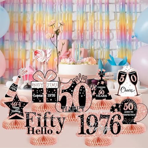 9Pcs 50th Birthday Decorations Honeycomb Centerpieces for Women, Rose Gold Pink Happy 50th Birthday Centerpieces Tables Toppers Party Decorations Supplies, Vintage 1976 Aged Table Sign Decor - Image 4