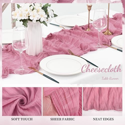 12 Pack Dusty Rose 10FT Cheesecloth Table Runner 20 x 120 Inch Long Rustic Gauze Fabric Cheese Cloth Table Runner for Wedding Bridal Baby Shower Table Decorations Boho Sheer Birthday Party Table Decor - Image 3