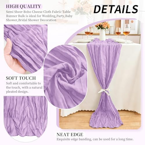 20 Pack Lilac Purple Lavender Cheesecloth Table Runner, 17x108 Inch Semi Sheer Boho Gauze Cheese Cloth Fabric Table Runners for Wedding Party Baby Shower Birthday Garden Farmhouse Table Decor - Image 3