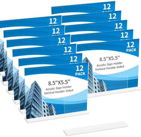 12 Pack Acrylic Sign Holder 8.5 x 5.5 Horizontal, Double-Sided Clear Sign Holder Plastic Stands for Display, T Shape Acrylic Table Sign Stands for Office Store Restaurants Wedding Party Decoration by DECOHOBO