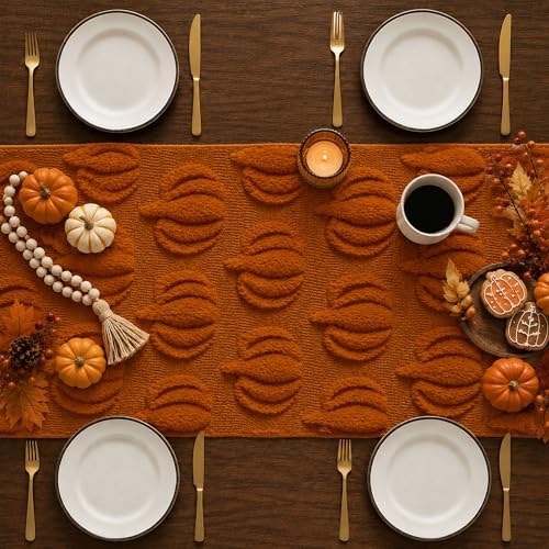 Fall Table Runner 13x72 Inch Soft Plush Faux Fur Jacquard Rust Pumpkin Table Runner, Seasonal Autumn Kitchen Dining Table Decoration for Home Party Decor ZR009B72 - Image 3
