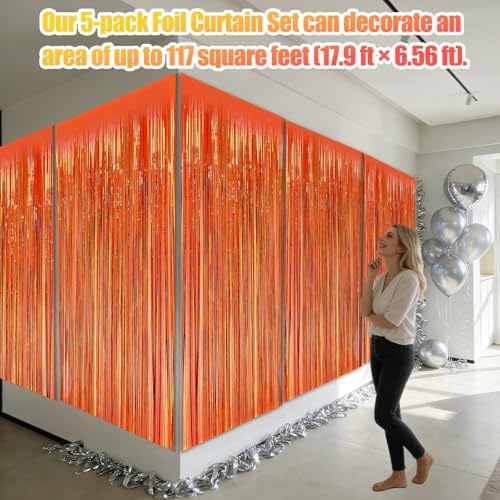 5 Pack 3.28ft x 6.56ft Orange Metallic Tinsel Foil Fringe Curtains, Photo Booth Backdrop Party Decorations for Birthday Wedding Baby Shower Graduation Bachelorette New Years - Image 3