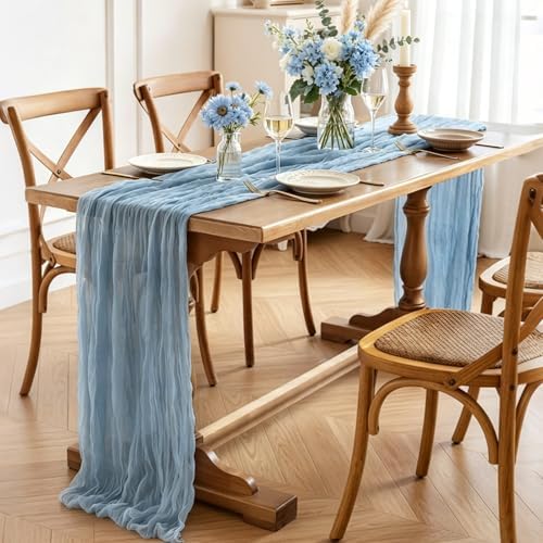 Dust Blue Cheesecloth Table Runner, 10FT Rustic Blue Boho Gauze Table Runner for Wedding Bridal Shower Baby Shower Birthday Tea Party Decorations - Image 3