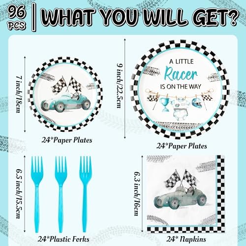 96Pcs Race Car Baby Shower Party Plates Supplies A Little Racer Is On The Way Racing Car Party Tableware Decorations Disposable Paper Plates Napkins Forks for Kids Birthday, Serves 24 - Image 2