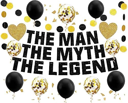 The Man The Myth The Legend Banner Birthday Party Decoration Photobooth For Farewell Retirement Father's Day Hanging Garland Kit Bunting - 10pcs Balloons Adult Black Gold Glitter by AccuLess