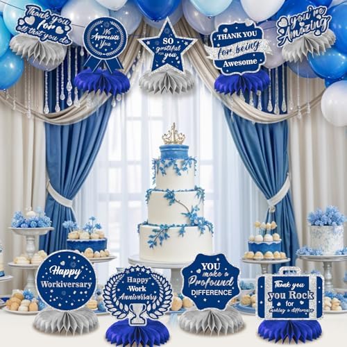 9Pcs Happy Work Anniversary Decorations Navy Blue Silver Happy Workiversary Table Honeycomb Centerpieces Office Anniversary Party Table Topper Decor for Employee Worker Appreciation Supplies - Image 4