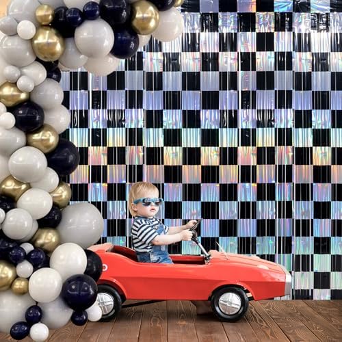 4 Pack 3.3Ft x 6.6Ft Race Car Checkered Foil Fringe Curtain Backdrop Decorations, Black Iridescent Metallic Tinsel Foil Streamers Curtain Photo Booth for Race Car One Happy Dude Birthday Party Decor - Image 7