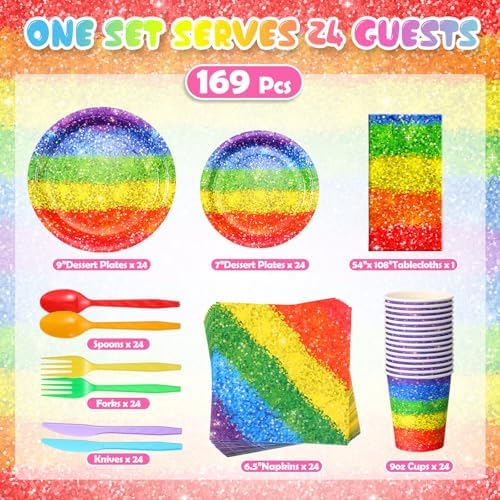 Zhehao 169 Pcs Rainbow Party Supplies Disposable Tablecloth Plates,Colorful - Image 2