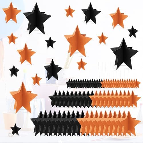 70 Pcs Orange and Black Star Centerpieces Halloween Party Birthday Graduation Decorations 3D 2025 Table Decor 3 Sizes 8" 5" 3" Citrus Thanksgiving Trick or Treat Spooky Ghost Party Bar Decoration by MISAKTEAM