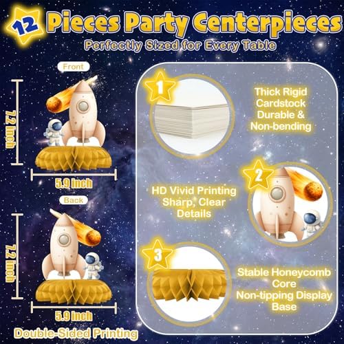12 Pcs Astronaut Space Baby Shower Decorations for Boy - Outer Space Party Supplies - Rocket Planet Moon Star Galaxy Centerpieces for Tables - Space Honeycomb Table Decor for Baby Shower - Image 2