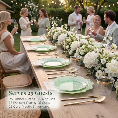 WDF 175Pcs Sage Green Plastic Plates With Gold Rim - Disposable Sage Green Plates 25guest Disposable Dinnerware Ideal for Party/Wedding/Holidays - Image 2