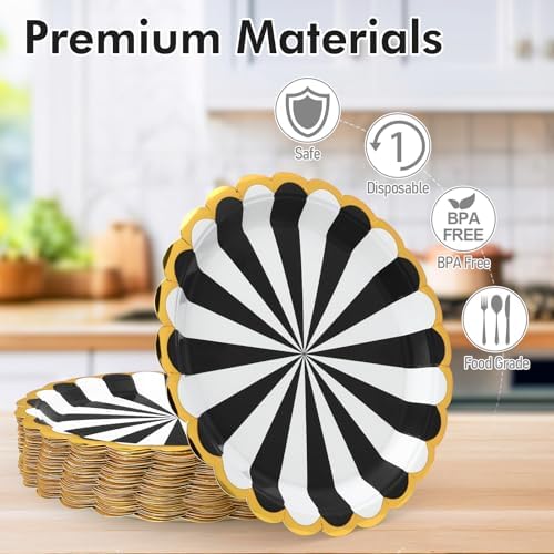 50 Pcs Black Party Paper Plates with Gold Scalloped Edge, Black Disposable 9 inch Scalloped Paper Dessert Plates Party Supplies for Birthday Bridal Shower Picnic, Striped - Image 4