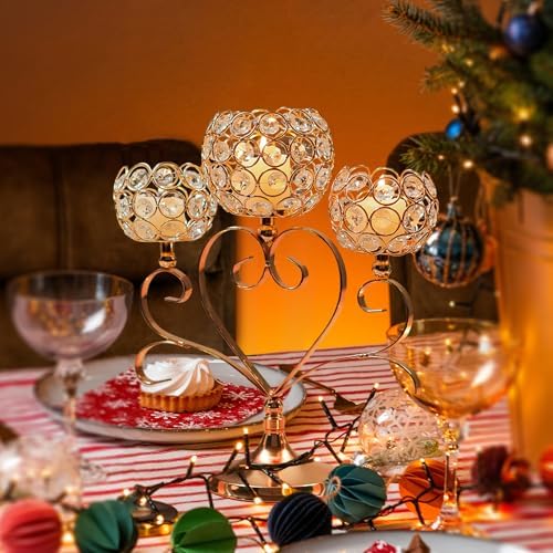 6 Pcs Gold 3-Arm Heart Tea Light Candle Holder - Crystal & Metal Wedding Centerpiece Decor, Sparkling Table Decor for Anniversaries/Romantic Tabletop Home/Dinner Party/Events - Image 6