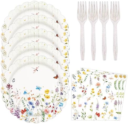 48PCS Fall Wildflower Scalloped Paper Plates&Napkins Floral Party Supplies by BOKFJBP