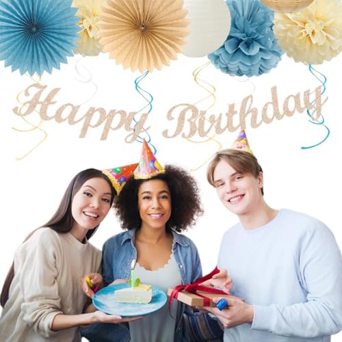 Light-Dusty Blue 18th Happy-Birthday Party-Decorations - 31pcs Women Girls Paper Lanterns Streamers Banner,Tissue Pom Poms Fans Tassels Graland Decor,Beige Champagne Wall Backdrop Supplies Hugmoon - Image 7