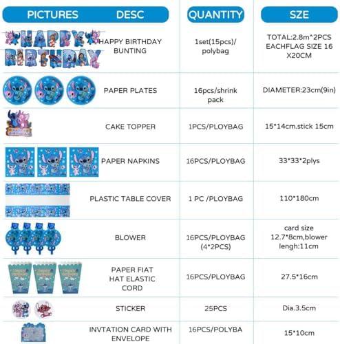 Stitch kids Birthday Party Supplies decoration Set – 125PCS, for16 Guests,1Tablecloth,16 Plates,16Napkins, Banner, Stickers, Cake Topper,16 Invitations card with envolopes,16 Blowouts &16Popcorn Boxes - Image 5