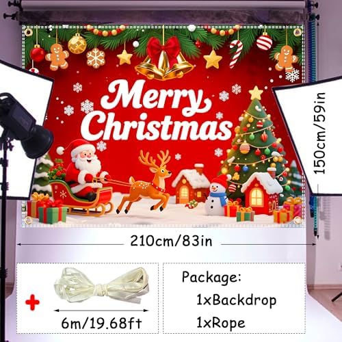 7x5ft Merry Christmas Backdrop Christmas Party Decoration Banner Xmas Backdrops for Wall Snowy Winter Santa Claus Elk Gifts Banner New Year Eve Family Party Supplies with 19.68ft Ribbon - Image 2