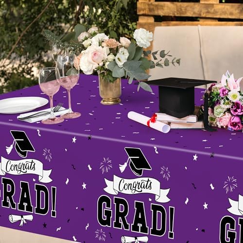 2 Pcs Graduation Tablecloth, 108" X 54" Plastic Graduation Decorations 2026, Rectangle Purple Table Cover for Grad Decor Party Supplies, Disposable Tablecover for Class of 2026 Congrats Grad for Kids - Image 5