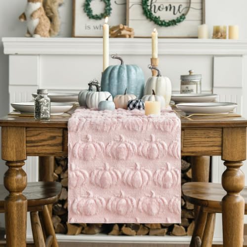 Artoid Mode Pink Soft Faux Fur Pumpkins Fall Table Runner 13x72 Inch - Image 3