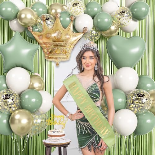 Sage Green Birthday Decorations with Olive Green Fringe Curtain Sash Foil Balloon Eucalyptus White Gold Latex Balloons Happy Birthday Banner for Girls Women Party Decoration - Image 3