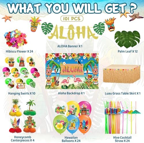DMIGHT 101PCS Hawaiian Themed Party Decorations Set, Tropical Beach Aloha Summer Party Supplies, Including Backdrop, Table Skirt, Honeycomb Centerpieces, Balloons for Luau, Tiki Birthday Party - Image 2
