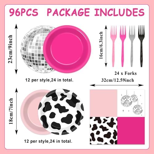 96PCS Western Cowgirl Party Plates and Napkins Cowgirl Disco Party Supplies Cow Print Themed Dessert Paper Cake Plates Hot Pink Ball Tableware for 24 Guests Girls Birthday 80s 90s Disco Decorations - Image 2