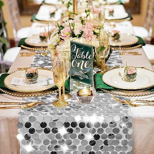 Pufogu 12 x 108 Inch Sequin Table Runner, Silver Glitter Premium Big Sequin Table Runner, Rectangle Table Runners for Halloween, Christmas, Wedding Party, Birthday Party, Banquet Decor (1 Pack). - Image 2