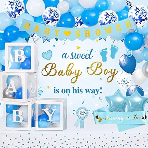 Baby Shower Decorations for Boy, Blue Baby Party Decor Kit with Balloons Boxes, Blue Balloon Garland Backdrop Banner and Tablecloth and Baby Shower Sash, Baby Boy Shower Decorations by IHEPYQ