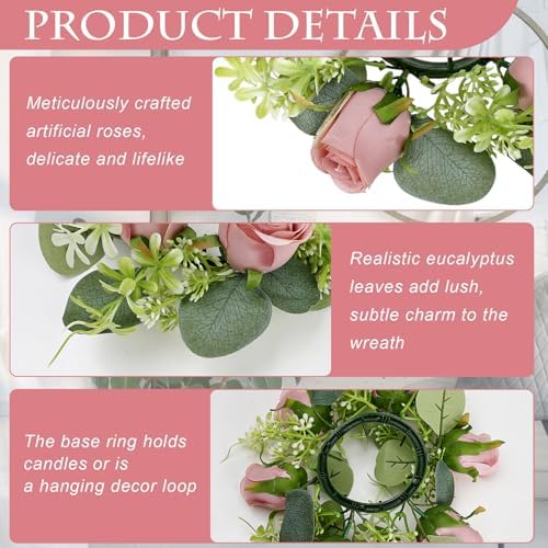 12 PCS Roses Candle Rings Wreaths with LED Candles - Dusty Pink - Image 4