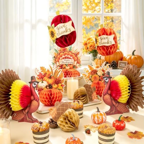 SUNBEAUTY Fall Thanksgiving Decorations, Thanksgiving Table Centerpieces, Honeycomb Turkey Centerpieces Fall Pumpkin Hanging Decor for Autumn Classroom Festival Home Office Table Decor - Image 3